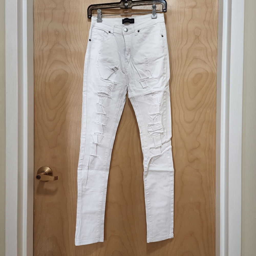 White Distressed High-Rise Stretch Jeans